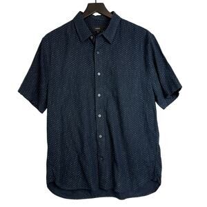 Vince Mens Galaxy Print Linen Blend Button Up Shirt Navy Blue - M